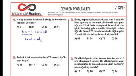 7 sınıf denklem problemleri ve çözümleri